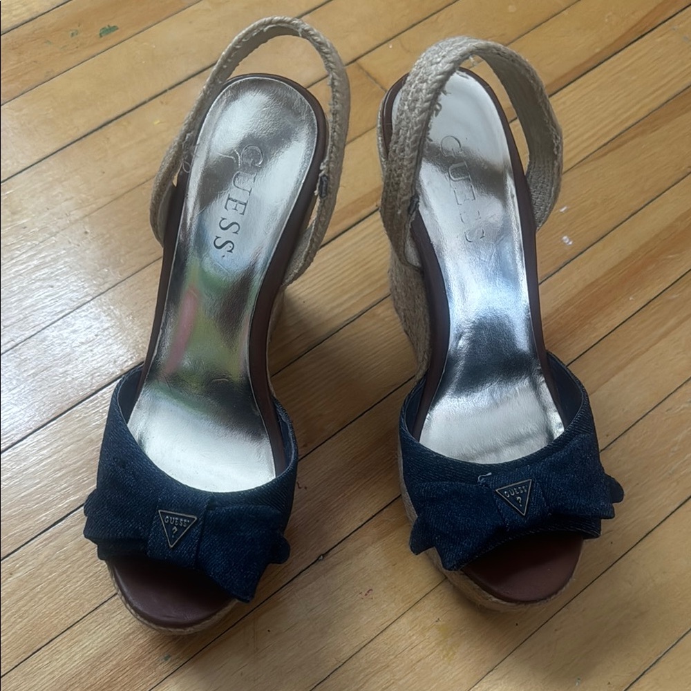 Guess Black and Tan Wedge Shoes with Open Toe Design